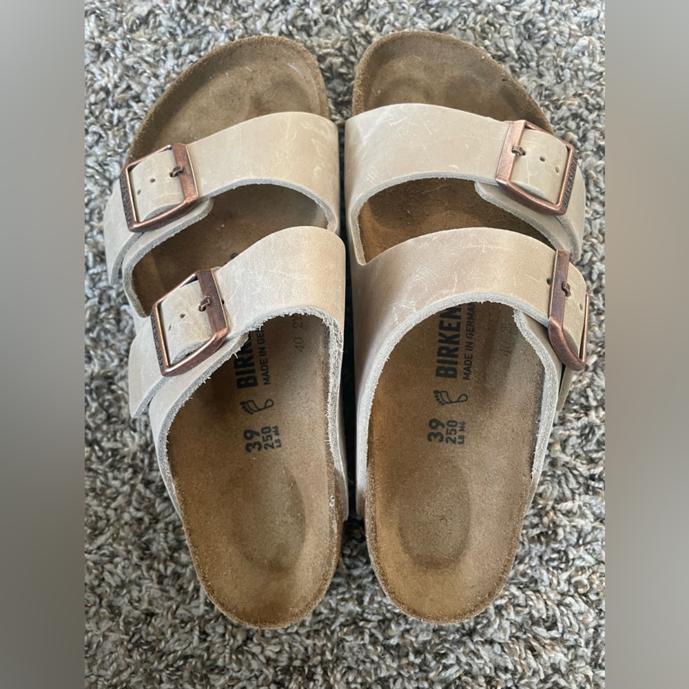 Birkenstock Arizona Two-Strap Sandal in Light Beige with Rose Gold Buckles